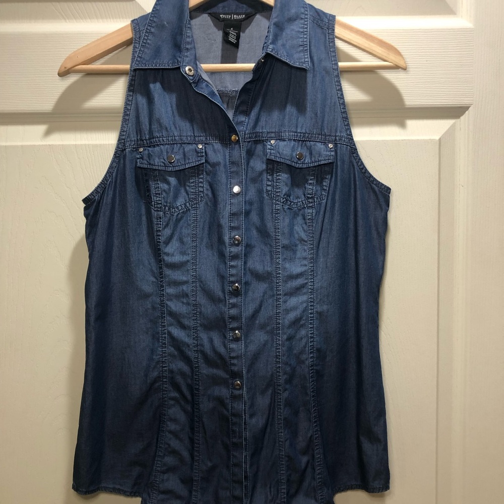 White House Black Market Blue Sleeveless Notched Collar Button Down